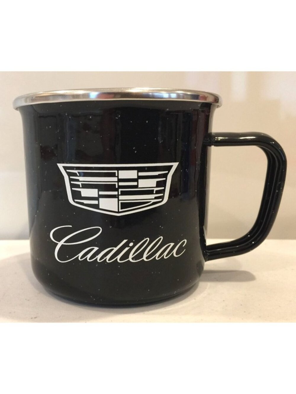Cadillac Black Speckled Enamel Coffee Mug with Icon Logo White Interior
